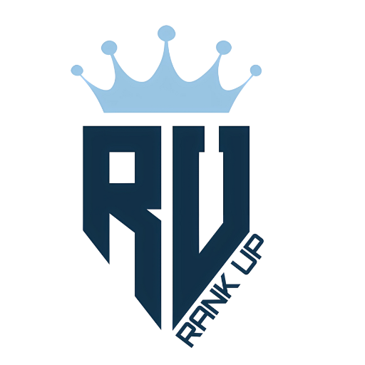 Rank Up logo featuring stylized letters 'R' and 'V' in a sharp geometric design with a dark blue color, topped with a light blue crown, and the brand name written in italic on the side